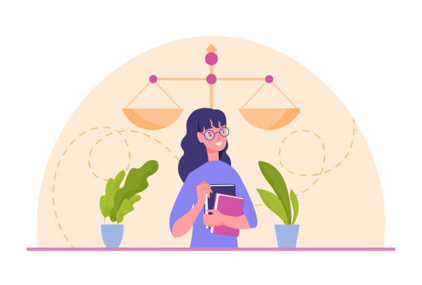 Legal decisions thinking Legal decisions thinking. Girl with glasses and books stands against backdrop of scales. Jurisprudence and starting lawyer. Knowledge, education and selfdevelopment. Cartoon flat vector illustration research ethics stock illustrations