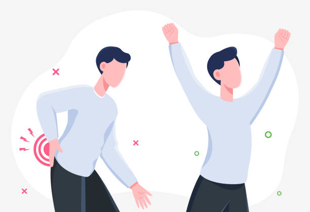 Back pain concept Back pain concept. Man holding on to his back, problems with lower back. Worker was carrying heavy objects, pinched nerve. Muscle problems, sedentary lifestyle. Cartoon flat vector illustration back pain stock illustrations