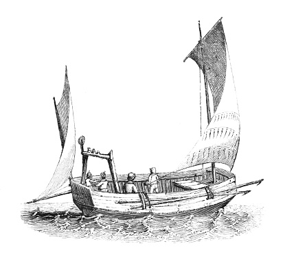 French Sailing ship. Illustrations are Wood-Engravings published in an 1841 nonfiction book about fish in the UK. Copyright has expired and is in Public Domain.