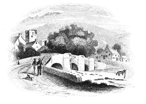 Fisherman talking by the Rothbury Bridge over Coquet River in  Northumberland, England.  Illustrations are Wood-Engravings published in an 1841 nonfiction book about fish in the UK. Copyright has expired and is in Public Domain.