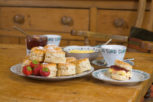 Traditional Devonshire clotted cream tea with strawberry jam