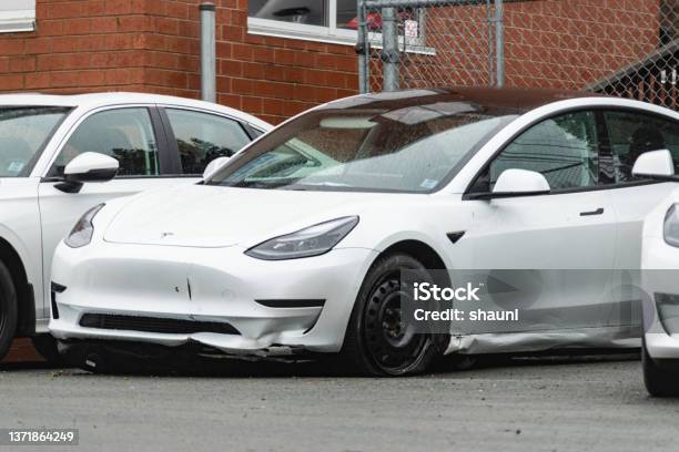 Damaged Tesla Model 3 Stock Photo - Download Image Now - Electric Car, Tesla Motors, Electric Vehicle