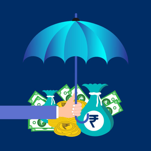 Safe and secure Indian Rupee investments concept Safe and secure Indian Rupee investments. blue umbrella, bags of dollars and stacks of gold coins money and business protection vector concept rupee coin stock illustrations