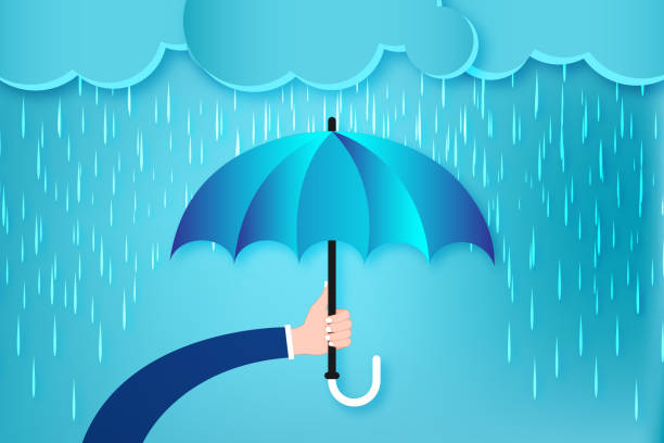 istock Umbrella with heavy rain, rainy season, paper art style 1371864554