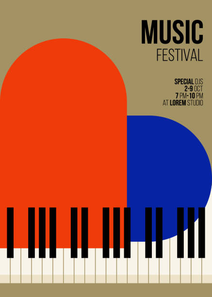 Piano concert and music festival poster modern vintage retro style Piano concert and music festival poster modern vintage retro style. Graphic design template can be used for background, backdrop, banner, brochure, leaflet, flyer, print, vector illustration key illustrations stock illustrations