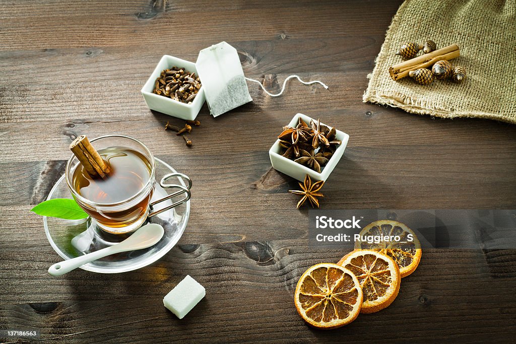 Tea and aromatic spices orange,sugar,anise,cinnamon,cloves and dried flowers Anise Stock Photo