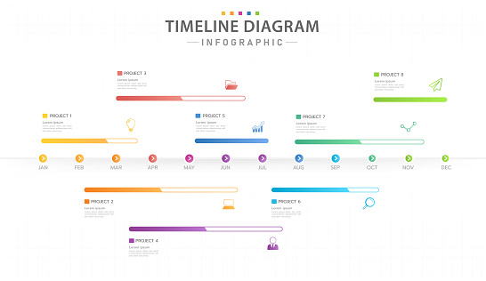 Infographic 12 Months modern Timeline diagram calendar with progress bar.