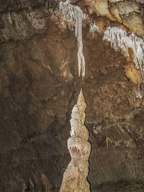 Abstract drawing of an underground cave with stalactites and stalagmites. Limestone karst formation. Travel and vacation concept. Digital painting. Abstract naturalism, relief pattern Abstract drawing of an underground cave with stalactites and stalagmites. Limestone karst formation. Travel and vacation concept. Digital painting. Abstract naturalism, relief pattern. digital underground stock pictures, royalty-free photos & images