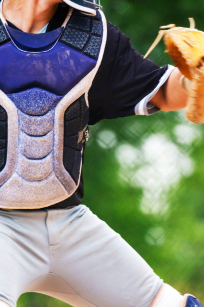the mid body of a catcher throwing the ball back to the pitcher. - baseball pitcher small sports league imagens e fotografias de stock