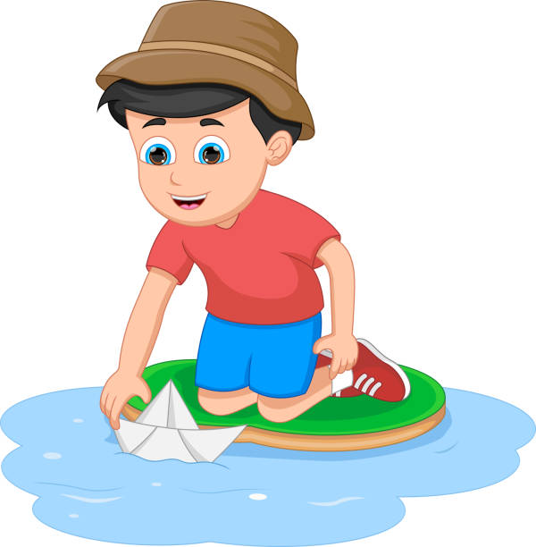 junge, der mit einem papierboot in einem wasser spielt - sailing nautical vessel family lake stock-grafiken, -clipart, -cartoons und -symbole