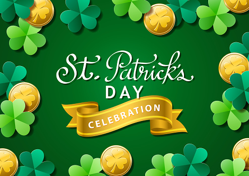 Celebration St. Patrick's Day with calligraphy and gold colored banner on the green background consists of shamrocks and gold coins