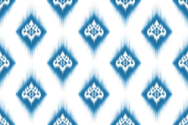 ilustrações, clipart, desenhos animados e ícones de design de padrão sem emendas étnicas ikat. papel de parede de decoração têxtil de tecido asteca. peru tribal africano fundo vetor tradicional bordado tradicional - cultura uigur