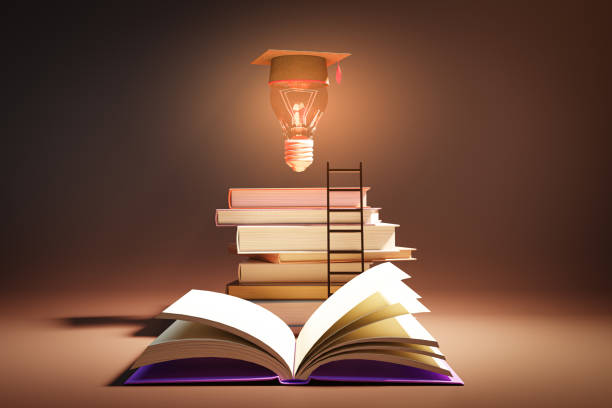 istock Open book with Graduation hat on light bulb. Education, learning on school and university or idea concept. 3d illustration 1371872181