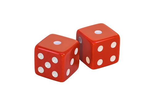 Two red dice cut off on a white background. One and one. Two cubes without a shadow.