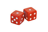 Two red dice cut off on a white background. One and one.