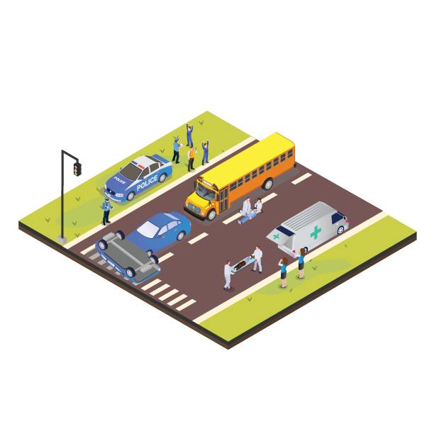 27ag-1 Students in uniform waiting for a school bus isometric 3d vector concept for banner, website, illustration, landing page, flyer, etc. school bus stop stock illustrations