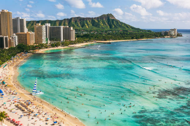 Hawaii beach Honolulu city travel landscape of Waikiki beach and Diamond Head mountain peak at sunset, Oahu island, USA vacation. stock photo