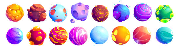 Set of fantastic alien planets, cartoon asteroids Set of fantastic alien planets, cartoon asteroids, galaxy ui game cosmic world objects, space design elements. Pimpled spheres, comets, moon with craters on surface, plasma and ice Vector illustration alien planet stock illustrations