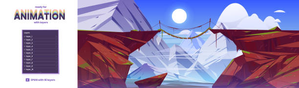 산에서 로프 브리지와 시차 배경 - suspension bridge 이미지 stock illustrations