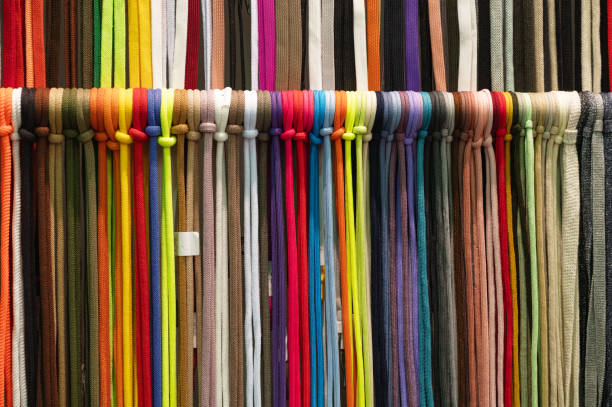 istock Laces samples hang on rack in light hallway at exhibition 1371882277
