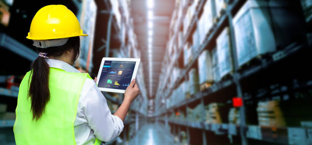 smart inventory,warehouse management system concept. - freight transportation warehouse manufacturing shipping imagens e fotografias de stock