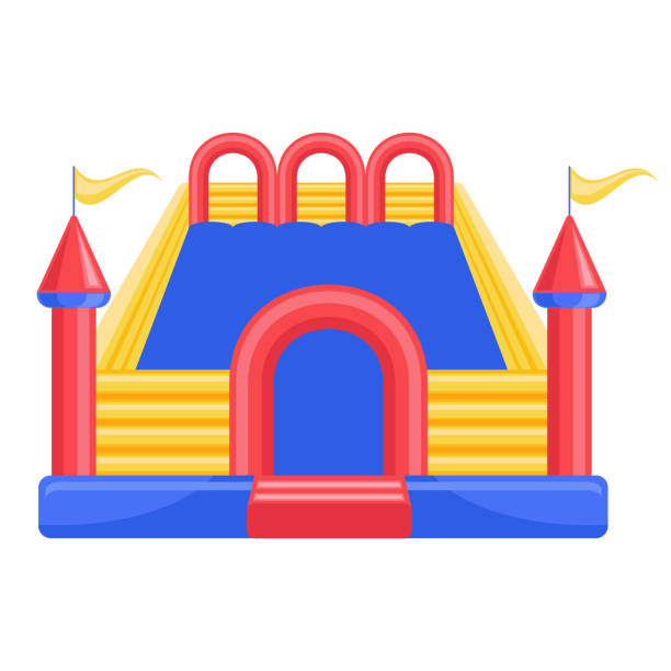 istock Bouncy inflatable castle. Tower and equipment for child playground. Vector line illustration 1371885340
