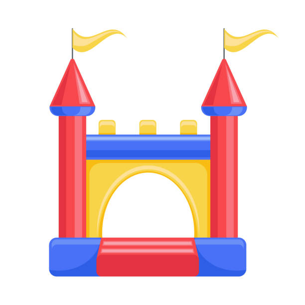 ilustraciones, imágenes clip art, dibujos animados e iconos de stock de castillo hinchable inflable. torre y equipamiento para parque infantil. ilustración de la línea vectorial - amusement park park fun playground
