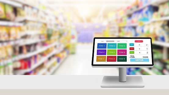POS, concepto de programa de supermercado de punto de venta o sistema de gestión minorista. photo
