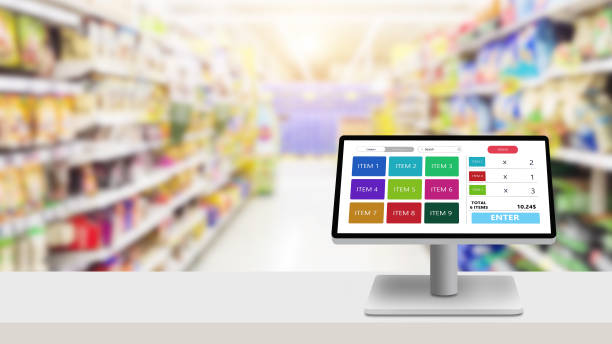 pos, concepto de programa de supermercado de punto de venta o sistema de gestión minorista. - checkout counter cash register retail supermarket fotografías e imágenes de stock