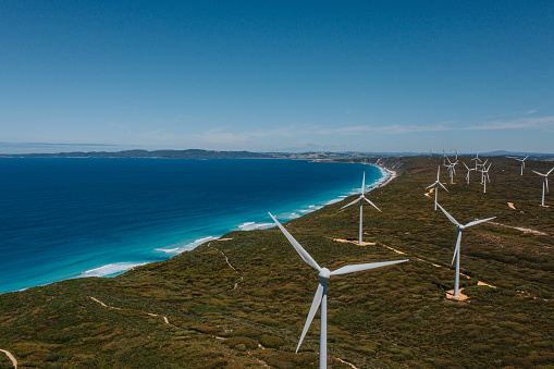 Aerial view of a wind farm on the stunning Australian Coastline