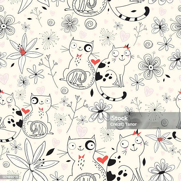 Цветок Текстуру С Котами — стоковая векторная графика и другие изображения на тему Белый - Белый, Векторная графика, Весна