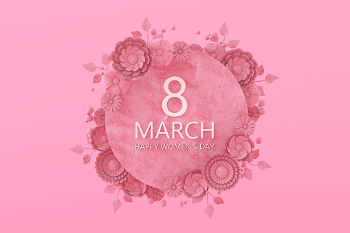Women's Day 8 March greeting card with flower frame, 3d render.