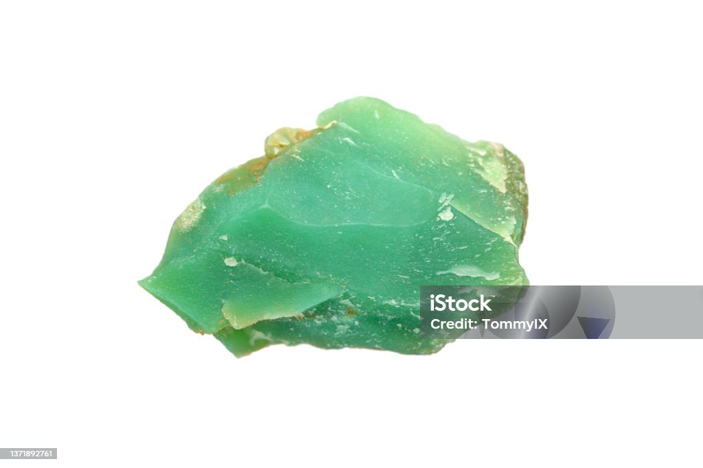 Chrysoprase rough gemstone Closeup natural rough Chrysoprase (Chrysophrase/Chrysoprasus) a gemstone variety of  chalcedony on white background Stone - Object Stock Photo