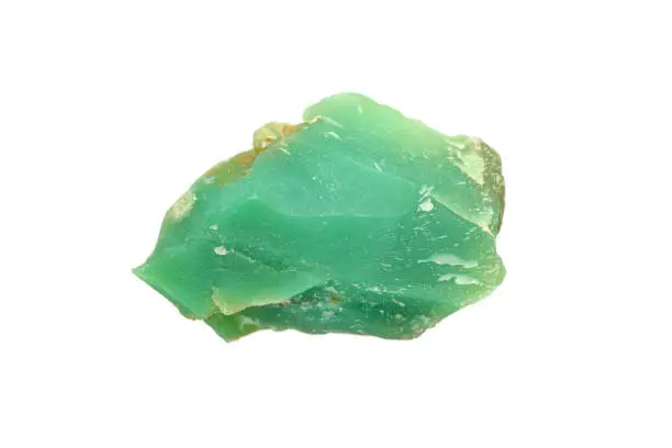 Closeup natural rough Chrysoprase (Chrysophrase/Chrysoprasus) a gemstone variety of  chalcedony on white background