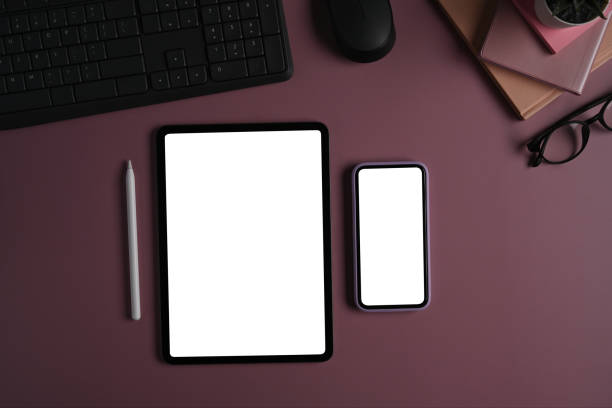 istock Mockup digital tablet and smart phone with blank screen on purple background. 1371892808