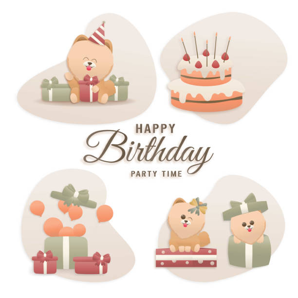 ilustraciones, imágenes clip art, dibujos animados e iconos de stock de elementos de diseño de plantilla de perro lindo de cumpleaños para invitaciones a fiestas - birthday card dog birthday animal