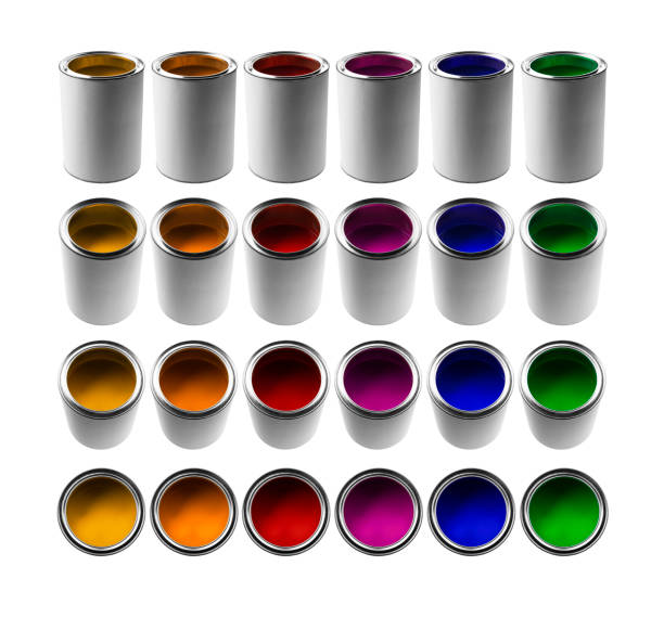 istock Cans with different colors of paints in different angles on a white background 1371894858