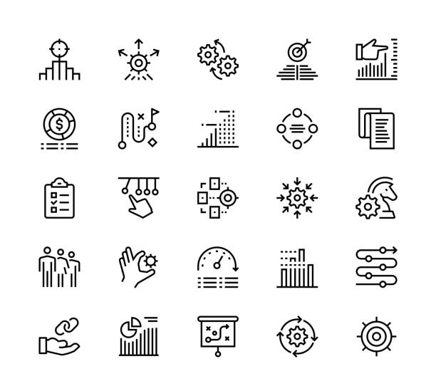 Strategy management icons 24 x 24 pixel high quality editable stroke line icons. These 25 simple modern icons are about strategy management. business plan document stock illustrations