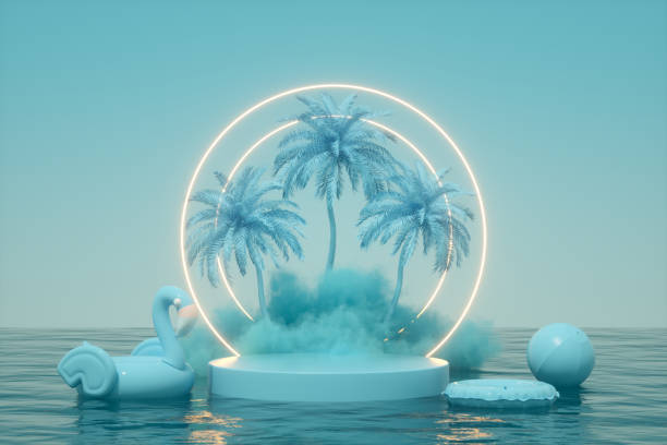 istock Summer podium showcase product presentation neon lighting glowing light frame, cloud and palm tree over sea blue background 1371896317