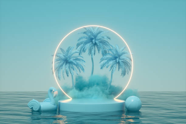 istock Summer podium showcase product presentation neon lighting glowing light frame, cloud and palm tree over sea blue background 1371896355