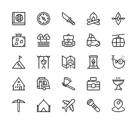 24 x 24 pixel high quality editable stroke line icons. These 25 simple modern icons are about adventure.