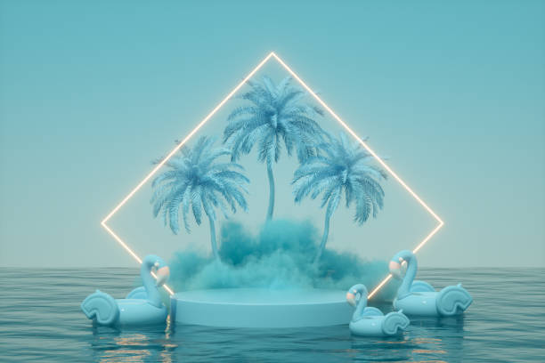 istock Summer podium showcase product presentation neon lighting glowing light frame, cloud and palm tree over sea blue background 1371896391