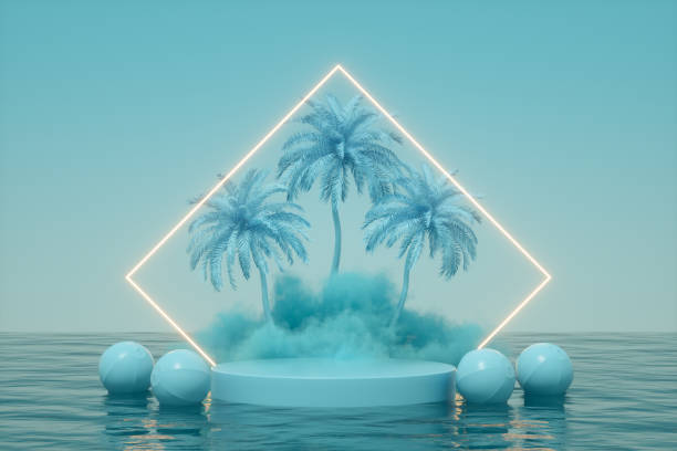 istock Summer podium showcase product presentation neon lighting glowing light frame, cloud and palm tree over sea blue background 1371896424