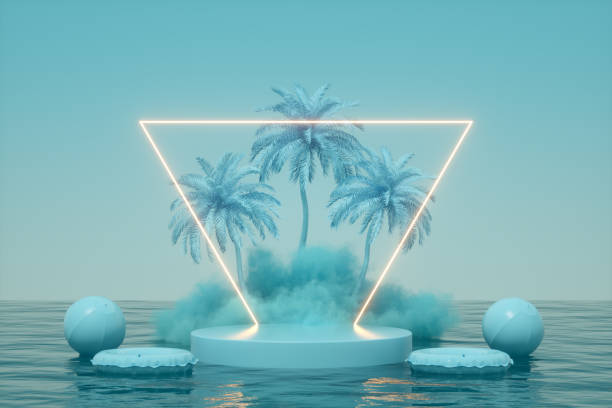 Summer podium showcase product presentation neon lighting glowing light frame, cloud and palm tree over sea blue background