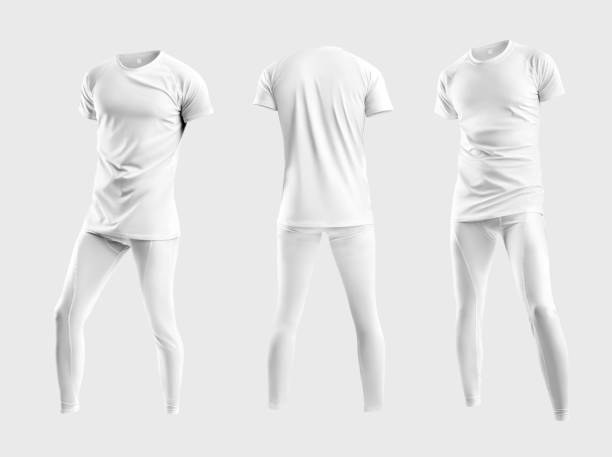 istock White male t-shirt mockup, pants 3D rendering, isolated on background, front, back view. Set 1371897699