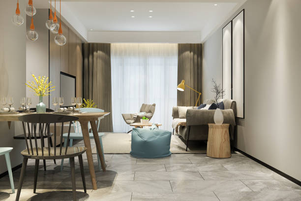 istock 3d rendering loft luxury living room with shelf near dining table 1371898041