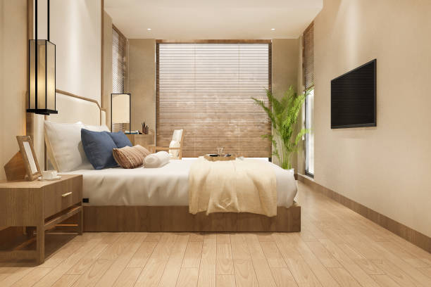 istock 3d rendering beautiful luxury bedroom suite in hotel with tv and working table 1371898046