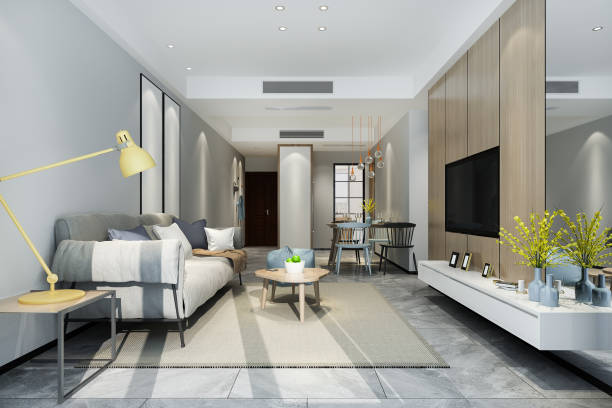 istock 3d rendering loft luxury living room with shelf near dining table 1371898048