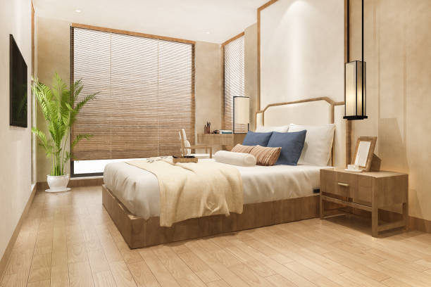 istock 3d rendering beautiful luxury bedroom suite in hotel with tv and working table 1371898050