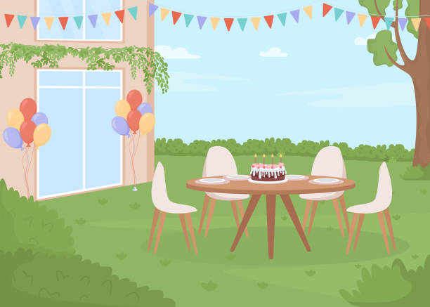Backyard Birthday Party Flat Color Vector Illustration Stock Illustration -  Download Image Now - iStock